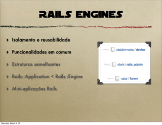 Rails Engines

     ‣ Isolamento e reusabilidade

     ‣ Funcionalidades em comum

     ‣ Estruturas semelhantes

     ‣ Rails::Application < Rails::Engine

     ‣ Mini-aplicações Rails




Saturday, March 9, 13
 