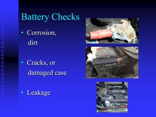 Battery Checks
• Corrosion,
dirt
• Cracks, or
damaged case
• Leakage

 