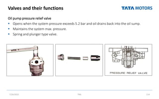 Valves and their functions
Oil pump pressure relief valve
 Opens when the system pressure exceeds 5.2 bar and oil drains back into the oil sump.
 Maintains the system max. pressure.
 Spring and plunger type valve.
7/26/2022 TML 114
 
