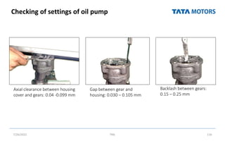 Checking of settings of oil pump
7/26/2022 TML 116
Gap between gear and
housing: 0.030 – 0.105 mm
Backlash between gears:
0.15 – 0.25 mm
Axial clearance between housing
cover and gears: 0.04 -0.099 mm
 
