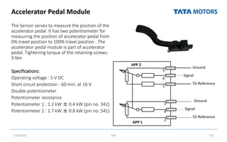 Accelerator Pedal Module
The Sensor serves to measure the position of the
accelerator pedal. It has two potentiometer for
measuring the position of accelerator pedal from
0% travel position to 100% travel position . The
accelerator pedal module is part of accelerator
pedal. Tightening torque of the retaining screws:
9 Nm
Specifications:
Operating voltage : 5 V DC
Short circuit protection : 60 min. at 16 V
Double-potentiometer
Potentiometer resistance
Potentiometer 1 : 1.2 kW ± 0.4 kW (pin no. 342)
Potentiometer 2 : 1.7 kW ± 0.8 kW (pin no. 541)
7/26/2022 TML 132
 