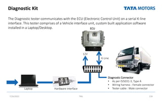 Diagnostic Kit
The Diagnostic tester communicates with the ECU (Electronic Control Unit) on a serial K-line
interface. This tester comprises of a Vehicle interface unit, custom built application software
installed in a Laptop/Desktop.
7/26/2022 TML 158
Laptop Hardware interface
12V
K-Line
ECU
Diagnostic Connector
• As per ISI5031-3, Type A
• Wiring harness : Female connector
• Tester cable : Male connector
 