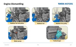 Engine Dismantling
7/26/2022 TML 167
Radiator fan lock plates Radiator fan Radiator fan pulley
Water pump Turbocharger
 