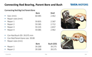 Connecting Rod Bearing, Parent Bore and Bush
Connecting Rod Big End Parent Bore
Bore Shell
 Size: (mm) 60.085 2.462
 Repair sizes (mm)
 Repair 1 59.835 2.587
 Repair 2 59.585 2.712
 Repair 3 59.335 2.837
 Repair 4 59.085 2.962
 Con Rod Bush OD: 39.075 mm
 Con Rod Parent bore size: 39.00
 Repair sizes (mm)
Bore Bush (OD)
 Repair 1 39.200 39.275
 Repair 2 39.500 39.575
7/26/2022 TML 194
 