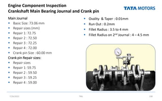 Engine Component Inspection
Crankshaft Main Bearing Journal and Crank pin
Main Journal
 Basic Size: 73.06 mm
 Repair sizes (mm)
 Repair 1: 72.75
 Repair 2 : 72.50
 Repair 3 : 72.25
 Repair 4 : 72.00
 Crank pin Size : 60.00 mm
Crank pin Repair sizes:
 Repair sizes
 Repair 1: 59.75
 Repair 2 : 59.50
 Repair 3 : 59.25
 Repair 4 : 59.00
 Ovality & Taper : 0.01mm
 Run Out : 0.2mm
 Fillet Radius : 3.5 to 4 mm
 Fillet Radius on 2nd Journal : 4 – 4.5 mm
7/26/2022 TML 198
 