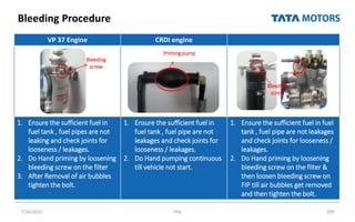 Bleeding Procedure
7/26/2022 TML 209
VP 37 Engine CRDI engine
1. Ensure the sufficient fuel in
fuel tank , fuel pipes are not
leaking and check joints for
looseness / leakages.
2. Do Hand priming by loosening
bleeding screw on the filter
3. After Removal of air bubbles
tighten the bolt.
1. Ensure the sufficient fuel in
fuel tank , fuel pipe are not
leakages and check joints for
looseness / leakages.
2. Do Hand pumping continuous
till vehicle not start.
1. Ensure the sufficient fuel in fuel
tank , fuel pipe are not leakages
and check joints for looseness /
leakages.
2. Do Hand priming by loosening
bleeding screw on the filter &
then loosen bleeding screw on
FIP till air bubbles get removed
and then tighten the bolt.
Bleeding
screw
Priming pump
Bleeding
screw
 