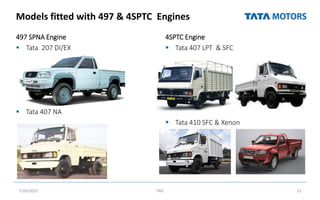 Models fitted with 497 & 4SPTC Engines
497 SPNA Engine
 Tata 207 DI/EX
 Tata 407 NA
4SPTC Engine
 Tata 407 LPT & SFC
 Tata 410 SFC & Xenon
7/26/2022 TML 22
 
