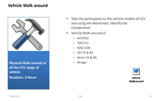  Take the participants to the vehicle models of LCV
and using the Worksheet, Identify the
Components
 Vehicle Walk around of
– 407/410
– 709/712
– 909/1109
– 207 DI & RX
– Xenon DI & RX,
– Winger
Vehicle Walk around
7/26/2022 TML 26
Physical Walk around of
all the LCV range of
vehicle
Duration: 2 Hours
 