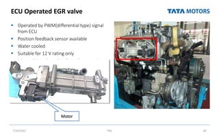 ECU Operated EGR valve
 Operated by PWM(differential type) signal
from ECU
 Position feedback sensor available
 Water cooled
 Suitable for 12 V rating only
 Motor drives the valve through gear trains
7/26/2022 TML 60
Motor
 