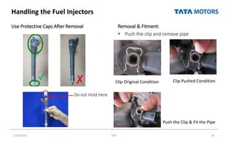 Handling the Fuel Injectors
Use Protective Caps After Removal Removal & Fitment:
 Push the clip and remove pipe
7/26/2022 TML 81
✔ ✘
Do not Hold Here
Clip Pushed Condition
Clip Original Condition
Push the Clip & Fit the Pipe
 