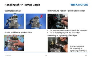 Handling of HP Pumps Bosch
Use Protective Caps
Do not Hold in the Marked Place
Removal & Re-fitment – Electrical Connector
Loosening or tightening of HP Pipes
7/26/2022 TML 84
✔ ✘
• For removal press the knob & pull the connector
• For re-fitment just push the connector
Use two spanners
for loosening or
tightening of HP Pipes
 