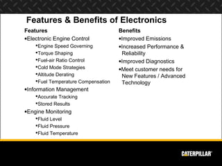 Features & Benefits of Electronics
Features                             Benefits
•Electronic Engine Control           •Improved Emissions
    Engine Speed Governing          •Increased Performance &
    Torque Shaping                   Reliability
    Fuel-air Ratio Control          •Improved Diagnostics
    Cold Mode Strategies            •Meet customer needs for
    Altitude Derating                New Features / Advanced
    Fuel Temperature Compensation    Technology
•Information Management
    Accurate Tracking
    Stored Results
•Engine Monitoring
    Fluid Level
    Fluid Pressure
    Fluid Temperature
 