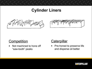 Cylinder Liners




Competition                  Caterpillar
• Not machined to hone off   • Pre-honed to preserve life
  “saw-tooth” peaks            and disperse oil better
 
