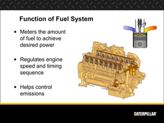 Function of Fuel System
• Meters the amount
  of fuel to achieve
  desired power

• Regulates engine
  speed and timing
  sequence

• Helps control
  emissions
 