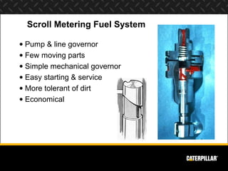 Scroll Metering Fuel System

• Pump & line governor
• Few moving parts
• Simple mechanical governor
• Easy starting & service
• More tolerant of dirt
• Economical
 
