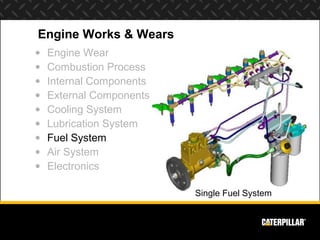 Engine Works & Wears
•   Engine Wear
•   Combustion Process
•   Internal Components
•   External Components
•   Cooling System
•   Lubrication System
•   Fuel System
•   Air System
•   Electronics

                          Single Fuel System
 