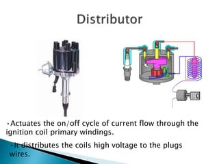 •It distributes the coils high voltage to the plugs
wires.
•Actuates the on/off cycle of current flow through the
ignition coil primary windings.
 