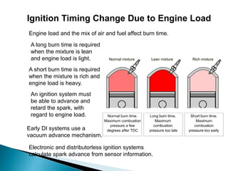 Ignition Timing Change Due to Engine Load
Engine load and the mix of air and fuel affect burn time.
A long burn time is required
when the mixture is lean
and engine load is light.
A short burn time is required
when the mixture is rich and
engine load is heavy.
An ignition system must
be able to advance and
retard the spark, with
regard to engine load.
Early DI systems use a
vacuum advance mechanism.
Electronic and distributorless ignition systems
calculate spark advance from sensor information.
 