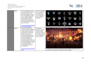 Salford City College 
Eccles Sixth Form Centre 
BTEC Extended Diploma in GAMES DESIGN 
Unit 73: Sound For Computer Games 
IG2 Task 1 
15 
Sprite In computer graphics, a sprite 
(al so known by other names; see 
Synonyms below) is a two-dimensional 
image or animation 
that i s integrated into a larger 
s cene. Initially including just 
graphical objects handled 
separately from the memory 
bitmap of a video display, this 
now includes various manners of 
graphical overlays. 
http://en.wikipedia.org/wiki/Spri 
te_(computer_graphics) 
A spri te is a 2d Image 
which is usually put 
into 2d games, but 
can sometimes be 
seen in 3d games fo 
faraway objects or 
characters 
Thi s is an image of some 2d sprites used in a 2d ship flying game 
Scene A cuts cene or event scene 
(sometimes in-game cinematic or 
in-game movie) is a sequence in 
a video game over which the 
player has no or only limited 
control , breaking up the 
gameplay and used to advance 
the plot, s trengthen the main 
character's development, 
introduce characters, and 
provide background information, 
atmosphere, dialogue, and clues. 
Cuts cenes often feature "on the 
fly" rendering, using the 
gameplay graphics to create 
s cripted events 
http://en.wikipedia.org/wiki/Cut 
s cene 
A video game 
cuts cene i s a part of 
the game usually 
used to tell part of 
the s tory or introduce 
a particular enemy or 
bos s. I will typically 
be pre-rendered. 
Thi s image is from a cutscene in the game Dark souls. Although i t does not use many 
cuts cenes i t does use both; pre rendered and in game cutscenes. 
 