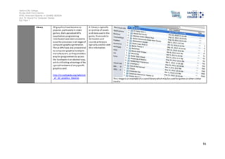 Salford City College 
Eccles Sixth Form Centre 
BTEC Extended Diploma in GAMES DESIGN 
Unit 73: Sound For Computer Games 
IG2 Task 1 
16 
Library 3D graphics have become so 
popular, particularly in video 
games, that specialized APIs 
(application programming 
interfaces) have been created to 
ease the processes in all stages of 
computer graphics generation. 
Thes e APIs have also proved vi tal 
to computer graphics hardware 
manufacturers, as they provide a 
way for programmers to access 
the hardware in an abstract way, 
whi le s till taking advantage of the 
special hardware of any specific 
graphics card. 
http://en.wikipedia.org/wiki/List 
_of_3D_graphics_libraries 
A l ibrary i s typically 
an archive of assets 
and data used in the 
game, from code to 
3d models and 
sounds a library is 
typically used to s tore 
thi s information. 
Thi s image is an example of a sound library which may be used for games or other s imilar 
media. 
 