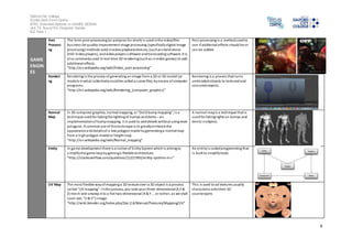Salford City College 
Eccles Sixth Form Centre 
BTEC Extended Diploma in GAMES DESIGN 
Unit 73: Sound For Computer Games 
IG2 Task 1 
4 
GAME 
ENGIN 
ES 
Post 
Processi 
ng 
The term post-processing (or postproc for short) is used in the video/film 
bus iness for quality-improvement image processing (specifically digital image 
processing) methods used in video playback devices, (such as s tand-alone 
DVD-Video players), and video players software and transcoding software. It is 
al so commonly used in real-time 3D rendering (such as in video games) to add 
additional effects. 
“http://en.wikipedia.org/wiki/Video_post-processing” 
Pos t processing is a method used to 
see if additional effects should be or 
can be added. 
Renderi 
ng 
Rendering is the process of generating an image from a 2D or 3D model (or 
models in what collectively could be called a s cene file), by means of computer 
programs. 
“http://en.wikipedia.org/wiki/Rendering_(computer_graphics)” 
Rendering is a process that turns 
undetailed objects to textured and 
coloured objects, 
Normal 
Map 
In 3D computer graphics, normal mapping, or "Dot3 bump mapping", i s a 
technique used for faking the lighting of bumps and dents – an 
implementation of bump mapping. It is used to add details without using more 
polygons. A common use of this technique is to greatly enhance the 
appearance and details of a low polygon model by generating a normal map 
from a high polygon model or height map. 
“http://en.wikipedia.org/wiki/Normal_mapping” 
A normal map is a technique that is 
used for faking l ights on bumps and 
dents in objects. 
Entity In game development there is a notion of Entity System which is aiming to 
s implify the game loop by gaining a flexible architecture. 
“http://s tackoverflow.com/questions/21221992/entity-systems-in-c” 
An enti ty i s coded programming that 
i s built to s implify tasks. 
UV Map The most flexible way of mapping a 2D texture over a 3D object is a process 
cal led "UV mapping". In this process, you take your three-dimensional (X,Y & 
Z) mesh and unwrap it to a flat two-dimensional (X & Y ... or rather, as we shall 
soon see, "U & V") image. 
“http://wiki.blender.org/index.php/Doc:2.6/Manual/Textures/Mapping/UV” 
Thi s is used to ad textures usually 
characters) onto their 3D 
counterparts 
 