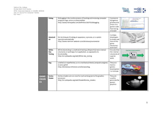 Salford City College 
Eccles Sixth Form Centre 
BTEC Extended Diploma in GAMES DESIGN 
Unit 73: Sound For Computer Games 
IG2 Task 1 
3 
Debug Debugging is the routine process of locating and removing computer 
program bugs, errors or abnormalities 
http://www.techopedia.com/definition/16373/debugging 
It prevents 
dangerous 
gl i tches and 
errors in a 
games code 
from being 
released 
Automati 
on 
the technique of making an apparatus, a process, or a system 
operate automatically 
http://www.merriam-webster.com/dictionary/automation 
It al lows 
developers 
to make sure 
that all the 
game 
mechanics 
work well. 
White- 
Box 
Testing 
White box testing i s a method of testing software that tests internal 
s tructures or workings of an application, as opposed to its 
functionality 
http://en.wikipedia.org/wiki/White-box_testing 
Ensures that 
the internal 
s tructures of 
a game 
work. 
Bug a defect or imperfection, as in a mechanical device,computer program, 
or plan; glitch 
http://dictionary.reference.com/browse/bug 
They can 
harm a 
games 
developmen 
t or release. 
GAME 
ENGIN 
ES 
Vertex 
Shader 
Vertex shaders are run once for each vertex given to the graphics 
processor 
http://en.wikipedia.org/wiki/Shader#Vertex_shaders 
They are 
used to 
generate the 
games 
graphics 
 