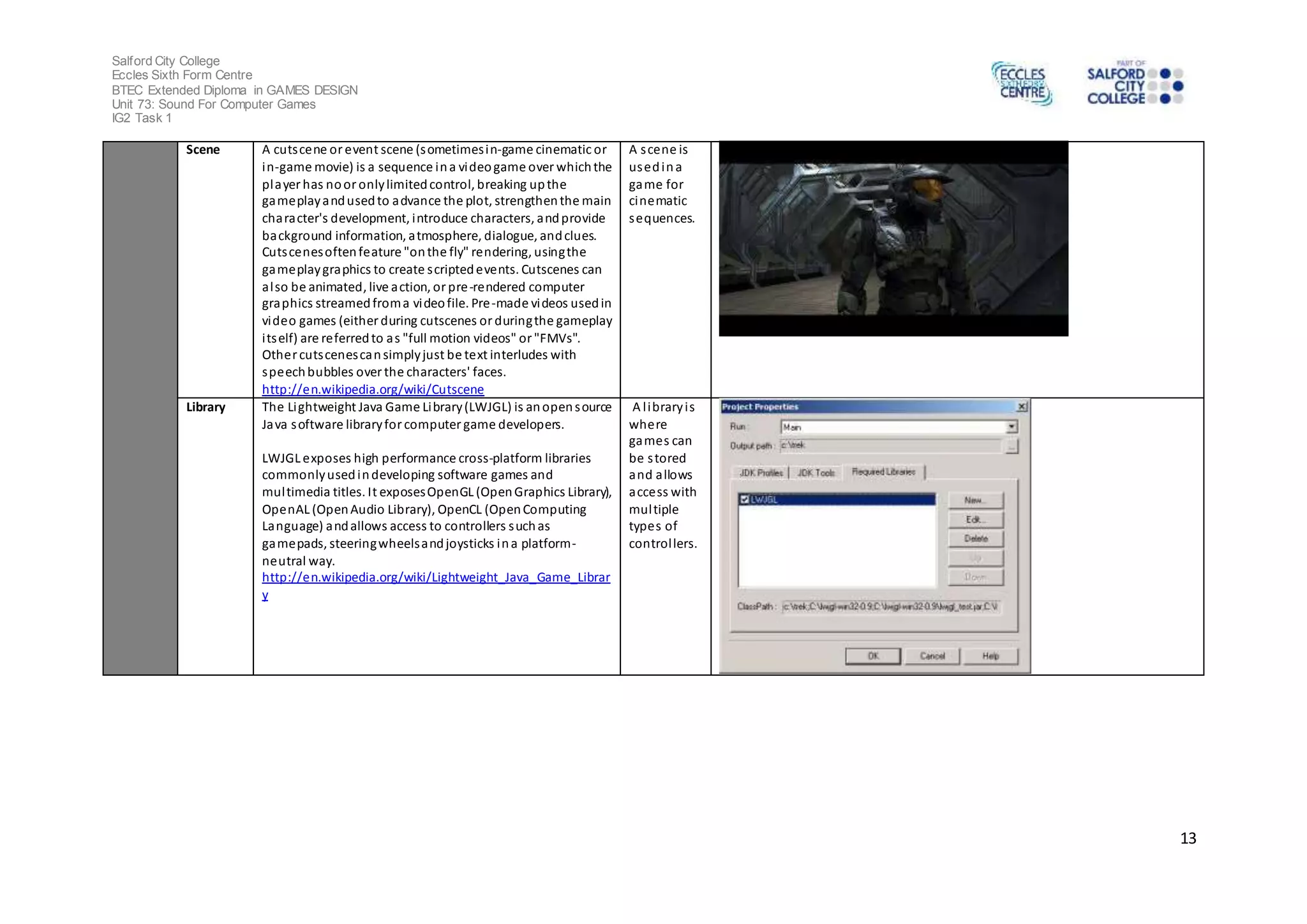 Salford City College 
Eccles Sixth Form Centre 
BTEC Extended Diploma in GAMES DESIGN 
Unit 73: Sound For Computer Games 
IG2 Task 1 
13 
Scene A cuts cene or event scene (sometimes in-game cinematic or 
in-game movie) is a sequence in a video game over which the 
player has no or only limited control, breaking up the 
gameplay and used to advance the plot, strengthen the main 
character's development, introduce characters, and provide 
background information, atmosphere, dialogue, and clues. 
Cuts cenes often feature "on the fly" rendering, using the 
gameplay graphics to create s cripted events. Cutscenes can 
al so be animated, live action, or pre-rendered computer 
graphics streamed from a video file. Pre-made videos used in 
video games (either during cutscenes or during the gameplay 
i ts elf) are referred to as "full motion videos" or "FMVs". 
Other cuts cenes can simply just be text interludes with 
speech bubbles over the characters' faces. 
http://en.wikipedia.org/wiki/Cutscene 
A s cene is 
used in a 
game for 
cinematic 
sequences. 
Library The Lightweight Java Game Library (LWJGL) is an open source 
Java software library for computer game developers. 
LWJGL exposes high performance cross-platform libraries 
commonly used in developing software games and 
mul timedia titles. It exposes OpenGL (Open Graphics Library), 
OpenAL (Open Audio Library), OpenCL (Open Computing 
Language) and allows access to controllers such as 
gamepads, steering wheels and joysticks in a platform-neutral 
way. 
http://en.wikipedia.org/wiki/Lightweight_Java_Game_Librar 
y 
A l ibrary i s 
where 
games can 
be s tored 
and allows 
access with 
mul tiple 
types of 
control lers. 
 