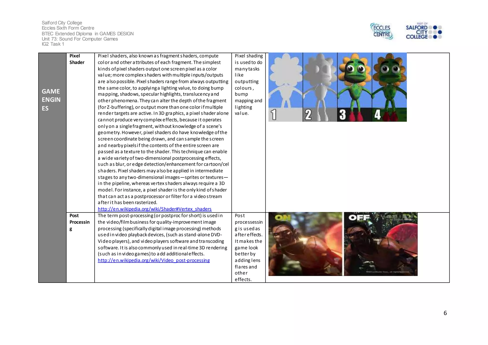 Salford City College 
Eccles Sixth Form Centre 
BTEC Extended Diploma in GAMES DESIGN 
Unit 73: Sound For Computer Games 
IG2 Task 1 
6 
GAME 
ENGIN 
ES 
Pixel 
Shader 
Pixel shaders, also known as fragment shaders, compute 
color and other attributes of each fragment. The simplest 
kinds of pixel shaders output one screen pixel as a color 
value; more complex shaders with multiple inputs/outputs 
are also possible. Pixel shaders range from always outputting 
the same color, to applying a lighting value, to doing bump 
mapping, shadows, specular highlights, translucency and 
other phenomena. They can alter the depth of the fragment 
(for Z-buffering), or output more than one color i f multiple 
render targets are active. In 3D graphics, a pixel shader alone 
cannot produce very complex effects, because i t operates 
only on a single fragment, without knowledge of a scene's 
geometry. However, pixel shaders do have knowledge of the 
s creen coordinate being drawn, and can sample the s creen 
and nearby pixels i f the contents of the entire screen are 
passed as a texture to the shader. This technique can enable 
a wide variety of two-dimensional postprocessing effects, 
such as blur, or edge detection/enhancement for cartoon/cel 
shaders. Pixel shaders may also be applied in intermediate 
s tages to any two-dimensional images—sprites or textures— 
in the pipeline, whereas vertex shaders always require a 3D 
model. For instance, a pixel shader i s the only kind of shader 
that can act as a postprocessor or filter for a video s tream 
after i t has been rasterized. 
http://en.wikipedia.org/wiki/Shader#Vertex_shaders 
Pixel shading 
i s used to do 
many ta sks 
l ike 
outputting 
colours , 
bump 
mapping and 
lighting 
value. 
Post 
Processin 
g 
The term post-processing (or postproc for short) is used in 
the video/film business for quality-improvement image 
processing (specifically digital image processing) methods 
used in video playback devices, (such as stand-alone DVD-Video 
players), and video players software and transcoding 
software. It is also commonly used in real-time 3D rendering 
(such as in video games) to add additional effects. 
http://en.wikipedia.org/wiki/Video_post-processing 
Pos t 
processessin 
g i s used as 
after effects. 
It makes the 
game look 
better by 
adding lens 
flares and 
other 
effects. 
 