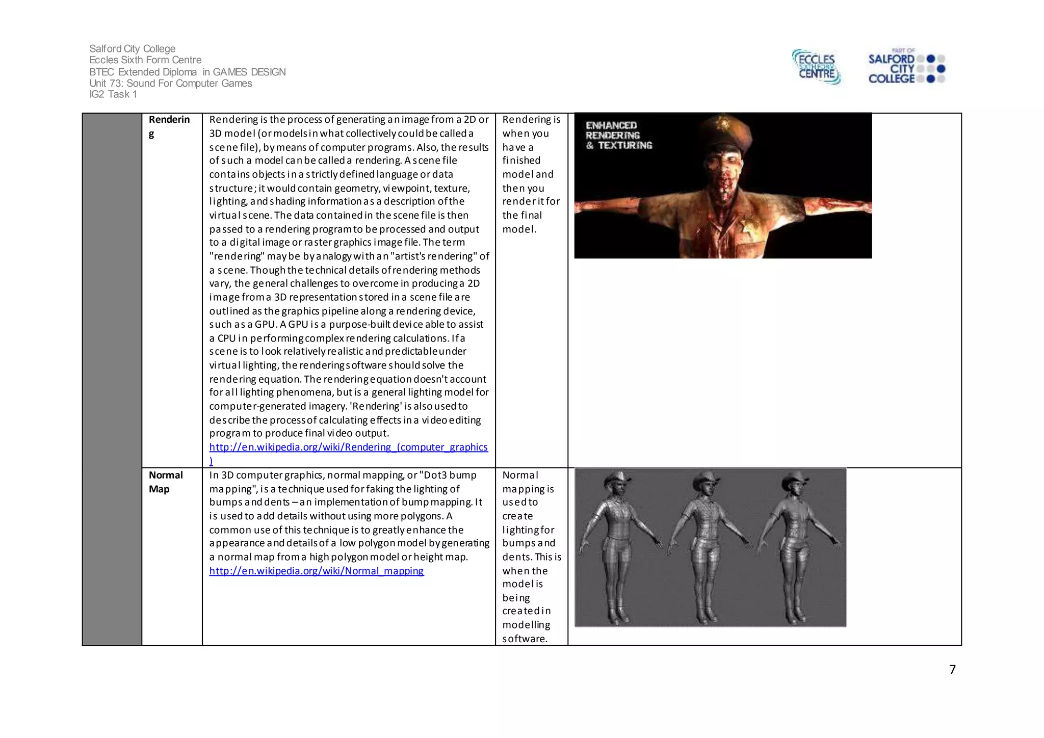 Salford City College 
Eccles Sixth Form Centre 
BTEC Extended Diploma in GAMES DESIGN 
Unit 73: Sound For Computer Games 
IG2 Task 1 
7 
Renderin 
g 
Rendering is the process of generating an image from a 2D or 
3D model (or models in what collectively could be called a 
s cene file), by means of computer programs. Also, the results 
of such a model can be called a rendering. A s cene file 
conta ins objects in a s trictly defined language or data 
s tructure; it would contain geometry, viewpoint, texture, 
l ighting, and shading information as a description of the 
vi rtual s cene. The data contained in the scene file is then 
passed to a rendering program to be processed and output 
to a digital image or raster graphics image file. The term 
"rendering" may be by analogy with an "artist's rendering" of 
a s cene. Though the technical details of rendering methods 
vary, the general challenges to overcome in producing a 2D 
image from a 3D representation s tored in a scene file are 
outl ined as the graphics pipeline along a rendering device, 
such as a GPU. A GPU i s a purpose-built device able to assist 
a CPU in performing complex rendering calculations. If a 
s cene is to look relatively realistic and predictable under 
vi rtual lighting, the rendering software should solve the 
rendering equation. The rendering equation doesn't account 
for al l lighting phenomena, but is a general lighting model for 
computer-generated imagery. 'Rendering' is also used to 
des cribe the process of calculating effects in a video editing 
program to produce final video output. 
http://en.wikipedia.org/wiki/Rendering_(computer_graphics 
) 
Rendering is 
when you 
have a 
finished 
model and 
then you 
render it for 
the final 
model. 
Normal 
Map 
In 3D computer graphics, normal mapping, or "Dot3 bump 
mapping", i s a technique used for faking the lighting of 
bumps and dents – an implementation of bump mapping. It 
i s used to add details without using more polygons. A 
common use of this technique is to greatly enhance the 
appearance and details of a low polygon model by generating 
a normal map from a high polygon model or height map. 
http://en.wikipedia.org/wiki/Normal_mapping 
Normal 
mapping is 
used to 
create 
l ighting for 
bumps and 
dents. This is 
when the 
model is 
being 
created in 
modelling 
software. 
 