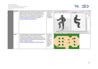 Salford City College 
Eccles Sixth Form Centre 
BTEC Extended Diploma in GAMES DESIGN 
Unit 73: Sound For Computer Games 
IG2 Task 1 
12 
Animatio 
n 
Animation is the process of creating a continuous motion and 
shape change illusion by means of the rapid display of a 
sequence of static images that minimally differ from each 
other. The illusion—as in motion pictures in general—is 
thought to rely on the phi phenomenon. Animators are 
artists who specialize in the creation of animation. 
http://en.wikipedia.org/wiki/Animation 
Animation is 
what is used 
to give an 
entity life 
like giving it 
a walk cycle. 
Sprite In computer graphics, a sprite (also known by other names; 
see Synonyms below) is a two-dimensional image or 
animation that is integrated into a larger scene. Initially 
including just graphical objects handled separately from the 
memory bitmap of a video display, this now includes various 
manners of graphical overlays. 
http://en.wikipedia.org/wiki/Sprite_(computer_graphics) 
Sprites are 
characters 
made up of 
pixels. 
Sprites are 
popular in 
games like 
Legend of 
Zelda and 
Mario 
 