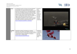 Salford City College 
Eccles Sixth Form Centre 
BTEC Extended Diploma in GAMES DESIGN 
Unit 73: Sound For Computer Games 
IG2 Task 1 
15 
Event In computing, an event is an action or occurrence detected 
by the program that may be handled by the program. 
Typically events are handled synchronously with the program 
flow, that is, the program has one or more dedicated places 
where events are handled, frequently an event loop. Typical 
sources of events include the user (who presses a key on the 
keyboard, in other words, through a keystroke). Another 
source is a hardware device such as a timer. Any program can 
trigger its own custom set of events as well, e.g. to 
communicate the completion of a task. A computer program 
that changes its behavior in response to events is said to be 
event-driven, often with the goal of being interactive. 
http://en.wikipedia.org/wiki/Event_(computing) 
Events are 
what 
happens 
when you 
press a 
button, for 
example if 
you press 
the space 
bar your 
character 
would jump. 
Pathfindi 
ng 
Pathfinding or pathing is the plotting, by a computer 
application, of the shortest route between two points. It is a 
more practical variant on solving mazes. This field of research 
is based heavily on Dijkstra's algorithm for finding the 
shortest path on a weighted graph. 
http://en.wikipedia.org/wiki/Pathfinding 
Pathfinding 
is used for AI 
to make sure 
that they 
don’t start 
walking into 
walls. 
