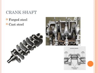 CRANK SHAFT
 Forged steel
 Cast steel
 