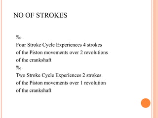 NO OF STROKES
‰
Four Stroke Cycle Experiences 4 strokes
of the Piston movements over 2 revolutions
of the crankshaft
‰
Two Stroke Cycle Experiences 2 strokes
of the Piston movements over 1 revolution
of the crankshaft
 
