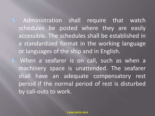 Administration shall require that watch
schedules be posted where they are easily
accessible. The schedules shall be established in
a standardized format in the working language
or languages of the ship and in English.
When a seafarer is on call, such as when a
machinery space is unattended. The seafarer
shall have an adequate compensatory rest
period if the normal period of rest is disturbed
by call-outs to work.
E-S4A1 BATCH 2014
 