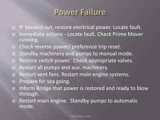  If blacked out, restore electrical power. Locate fault.
 Immediate actions - Locate fault. Check Prime Mover
running.
 Check reverse power/ preference trip reset.
 Standby machinery and pumps to manual mode.
 Restore switch power. Check appropriate valves.
 Restart all pumps and aux. machinery.
 Restart vent fans. Restart main engine systems.
 Prepare for sea going.
 Inform Bridge that power is restored and ready to blow
through.
 Restart main engine. Standby pumps to automatic
mode.
E-S4A1 BATCH 2014
 