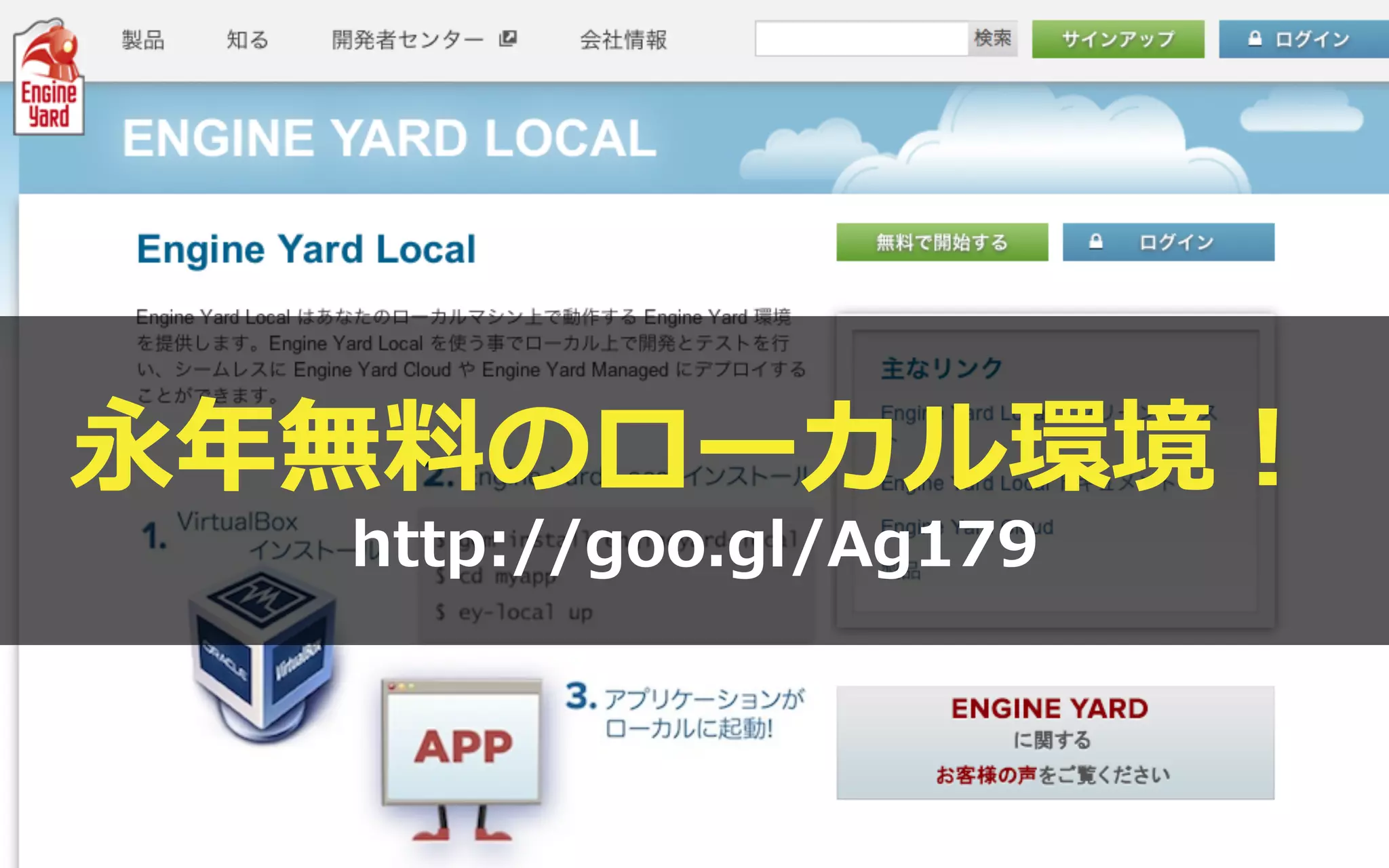 Copyright  ©  2013  Engine  Yard.  All  Rights  Reserved. 11
永年年無料料のローカル環境！
http://goo.gl/Ag179
 