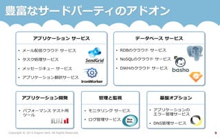 Copyright  ©  2013  Engine  Yard.  All  Rights  Reserved. 9
豊富なサードパーティのアドオン
 