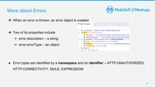 11
More about Errors
❖ When an error is thrown, an error object is created
❖ Two of its properties include
➢ error.descrip...