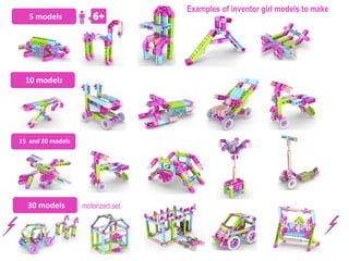 5 models
10 models
15 and 20 models
motorized set30 models
Examples of inventor girl models to make
 