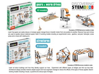 12 models
9 models
Learn how gears can easily reduce or increase speed, change force or transfer motion from one position to another. Discover how worm drives
are used to greatly reduce rotational speed. Build 12 working models including an experimental crane, gearbox, carousel, helicopter, screw
press and a crane with rotating arm.
Learn all about buildings and how they literally support our lives. Experiment with different types of bridges and find out how their
architecture design provides massive weight support and how engineers manage to reduce the effects of the types of forces applied. Build 9
working models including a house, a pyramid and various type of bridges.
Examples of STEM Mechanics models to make
Examples of STEM Structures models to make
 