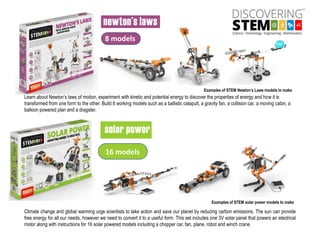8 models
Learn about Newton’s laws of motion, experiment with kinetic and potential energy to discover the properties of energy and how it is
transformed from one form to the other. Build 8 working models such as a ballistic catapult, a gravity fan, a collision car, a moving cabin, a
balloon powered plan and a dragster.
16 models
Climate change and global warming urge scientists to take action and save our planet by reducing carbon emissions. The sun can provide
free energy for all our needs, however we need to convert it to a useful form. This set includes one 3V solar panel that powers an electrical
motor along with instructions for 16 solar powered models including a chopper car, fan, plane, robot and winch crane.
Examples of STEM Newton’s Laws models to make
Examples of STEM solar power models to make
 