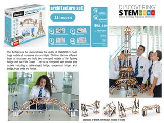 11 models
The Architecture Set demonstrates the ability of ENGINO® to build
huge models of impressive size and style. Children discover different
types of structures and build two oversized models of the Sydney
Bridge and the Eiffel Tower. The set is completed with smaller size
models including a cable-stayed bridge, suspension bridge, arch
bridge, truss bride and house.
Examples of STEM architecture models to make
 