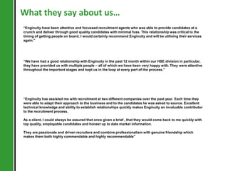 What they say about us…
“Enginuity have been attentive and focussed recruitment agents who was able to provide candidates at a
crunch and deliver through good quality candidates with minimal fuss. This relationship was critical to the
timing of getting people on board. I would certainly recommend Enginuity and will be utilising their services
again.”




“We have had a good relationship with Enginuity in the past 12 month within our HSE division in particular,
they have provided us with multiple people – all of which we have been very happy with. They were attentive
throughout the important stages and kept us in the loop at every part of the process.”




“Enginuity has assisted me with recruitment at two different companies over the past year. Each time they
were able to adapt their approach to the business and to the candidates he was asked to source. Excellent
technical knowledge and ability to establish relationships quickly makes Enginuity an invaluable contributor
to the recruitment process.

As a client, I could always be assured that once given a brief , that they would come back to me quickly with
top quality, employable candidates and honest up to date market information.

They are passionate and driven recruiters and combine professionalism with genuine friendship which
makes them both highly commendable and highly recommendable”
 