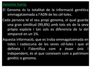 Genoma humà.
El Genoma és la totalitat de la informació genètica
emmagatzemada a l’ADN de les cèl·lules.
Cada persona té el seu propi genoma, el qual guarda
una gran similitud (99,8%) amb tots els de la seva
pròpia espècie i tan sols es diferencia de la del
ximpanzé en un 1%.
Aquesta informació, que es troba emmagatzemada en
totes i cadascuna de les seves cèl·lules i que el
defineix i l’identifica com a èsser únic i
independent, és el que coneixem com a patrimoni
genètic o genoma.
 