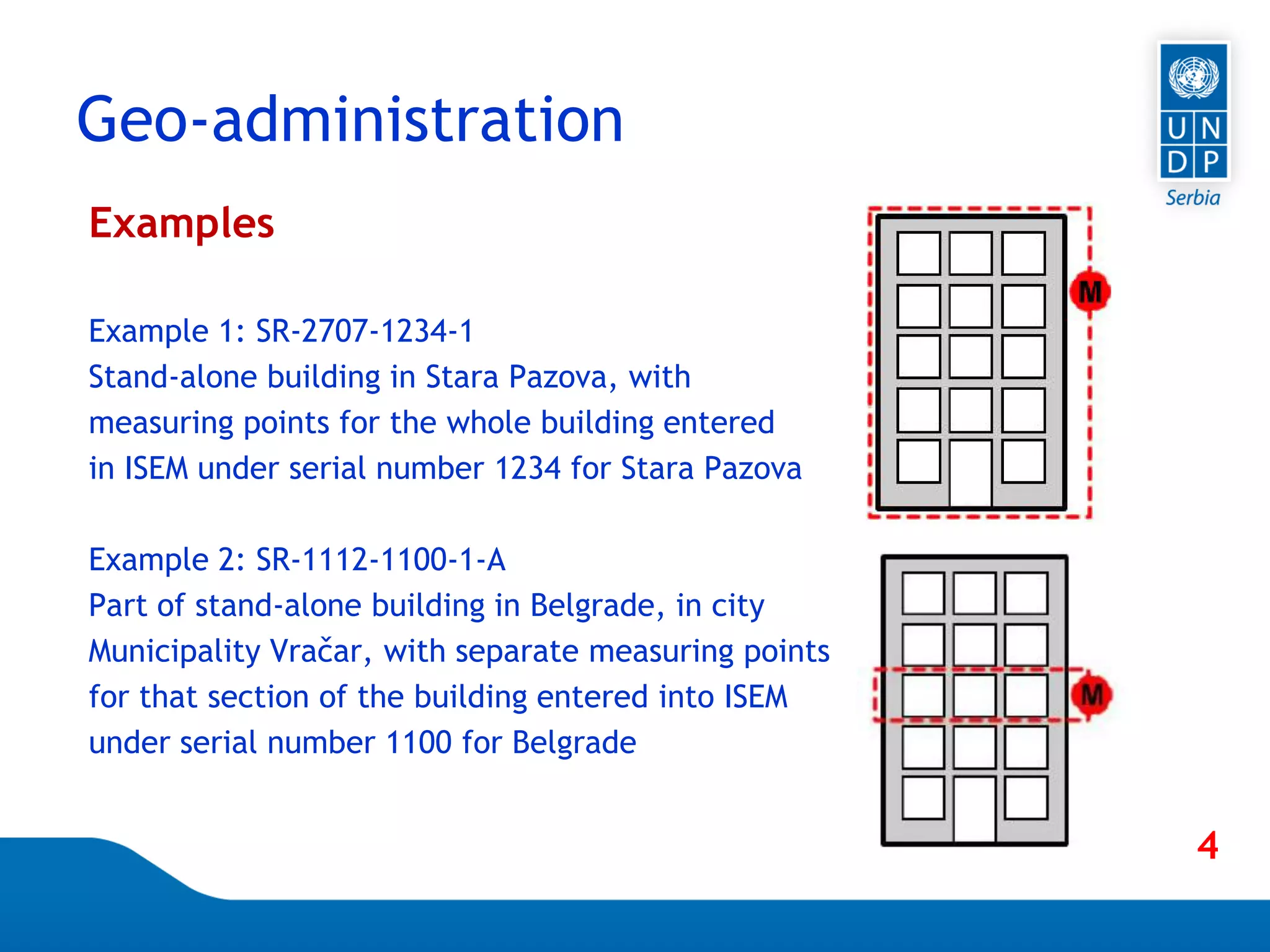 Page 40
Geo-administration
Examples
Example 1: SR-2707-1234-1
Stand-alone building in Stara Pazova, with
measuring points for the whole building entered
in ISEM under serial number 1234 for Stara Pazova
Example 2: SR-1112-1100-1-A
Part of stand-alone building in Belgrade, in city
Municipality Vračar, with separate measuring points
for that section of the building entered into ISEM
under serial number 1100 for Belgrade
4
 