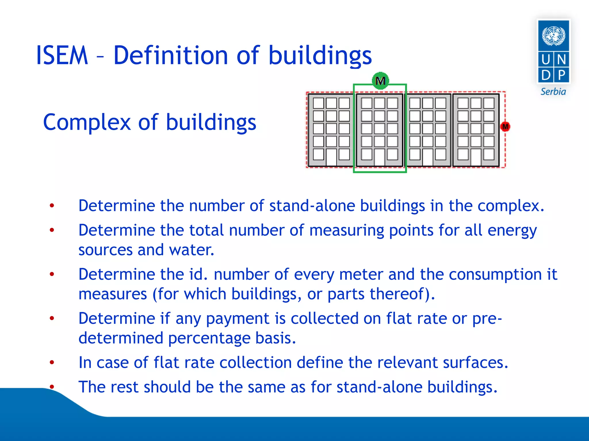 Page 58
ISEM – Definition of buildings
Complex of buildings
• Determine the number of stand-alone buildings in the complex.
• Determine the total number of measuring points for all energy
sources and water.
• Determine the id. number of every meter and the consumption it
measures (for which buildings, or parts thereof).
• Determine if any payment is collected on flat rate or pre-
determined percentage basis.
• In case of flat rate collection define the relevant surfaces.
• The rest should be the same as for stand-alone buildings.
 