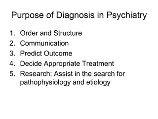 Purpose of Diagnosis in Psychiatry
1. Order and Structure
2. Communication
3. Predict Outcome
4. Decide Appropriate Treatment
5. Research: Assist in the search for
pathophysiology and etiology
 