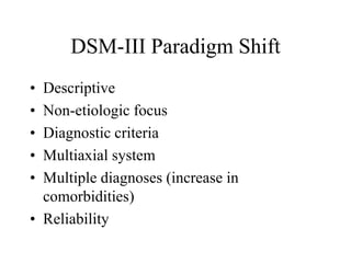 DSM-III Paradigm Shift
• Descriptive
• Non-etiologic focus
• Diagnostic criteria
• Multiaxial system
• Multiple diagnoses (increase in
comorbidities)
• Reliability
 