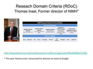 Reseach Domain Criteria (RDoC)
Thomas Insel, Former director of NIMH*
http://www.behavioral.net/sites/behavioral.net/files/imagecache/570x360/RDoC2.PNG
* This year Thomas Insel announced his decision to move to Google
 