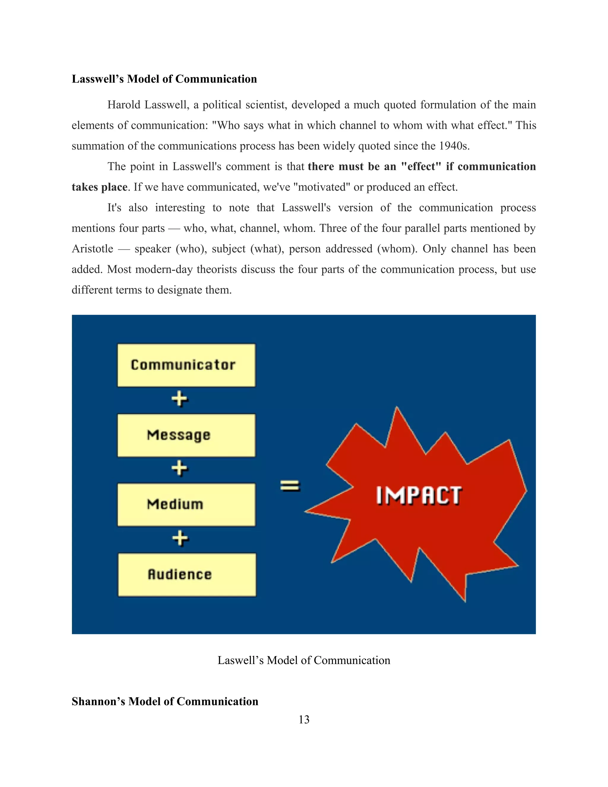 Lasswell’s Model of Communication
Harold Lasswell, a political scientist, developed a much quoted formulation of the main
elements of communication: "Who says what in which channel to whom with what effect." This
summation of the communications process has been widely quoted since the 1940s.
The point in Lasswell's comment is that there must be an "effect" if communication
takes place. If we have communicated, we've "motivated" or produced an effect.
It's also interesting to note that Lasswell's version of the communication process
mentions four parts — who, what, channel, whom. Three of the four parallel parts mentioned by
Aristotle — speaker (who), subject (what), person addressed (whom). Only channel has been
added. Most modern-day theorists discuss the four parts of the communication process, but use
different terms to designate them.
Laswell’s Model of Communication
Shannon’s Model of Communication
13
 